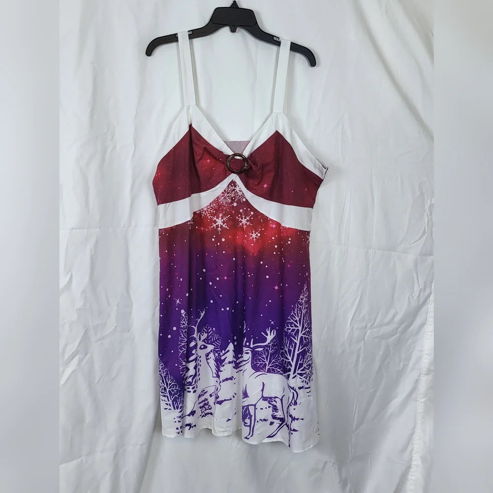 NWT Rose Gal A-Line Elk Reindeer Winter Print Sleeveless Multicolor Dress Sz 3X